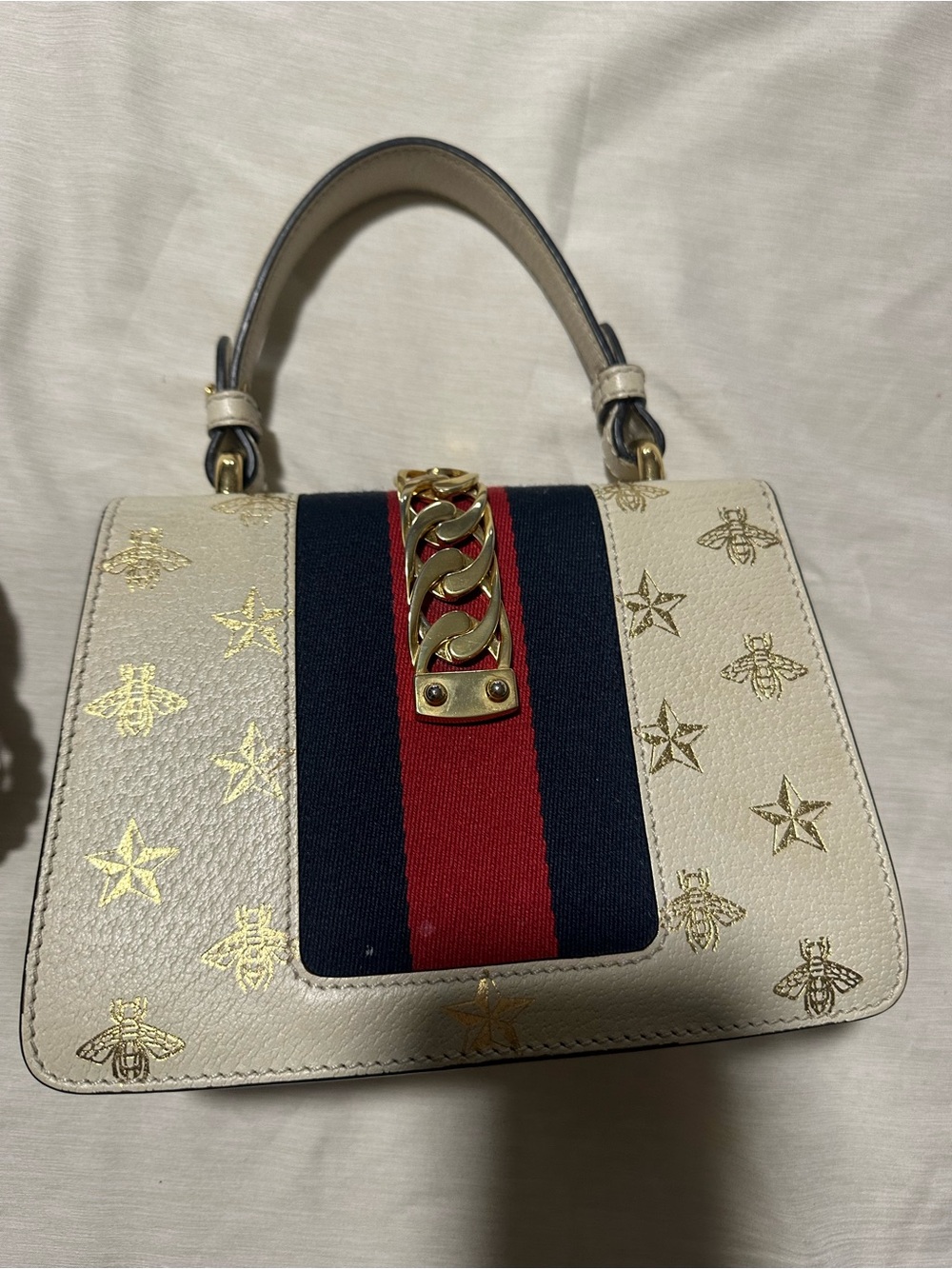 Gucci Cream Leather Top-Handle Satchel with Navy and Red Web Stripe - Picture 4 of 12